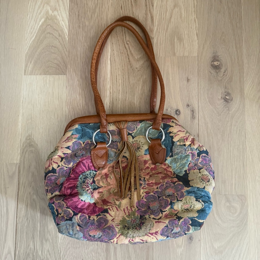 Vintage Floral Tapestry Bag with Tan Accents